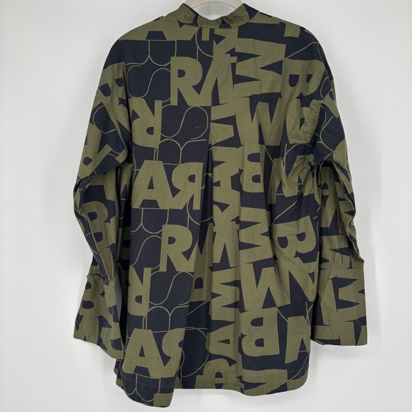 Gershon Bram Logo Letter Button Up Shirt Sz S Olive Green Navy Mandarin Collar - Picture 4 of 12